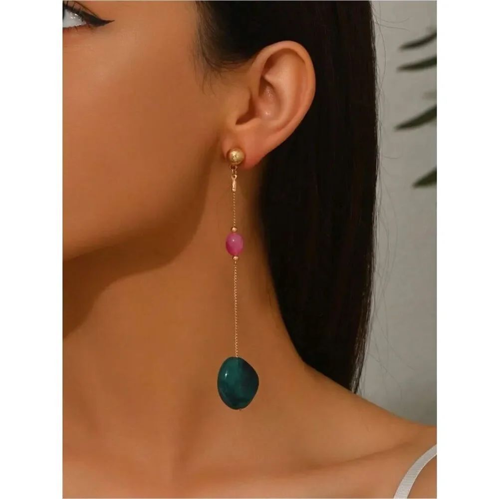 Gold Pink and Teal Stones drop earrings N1467